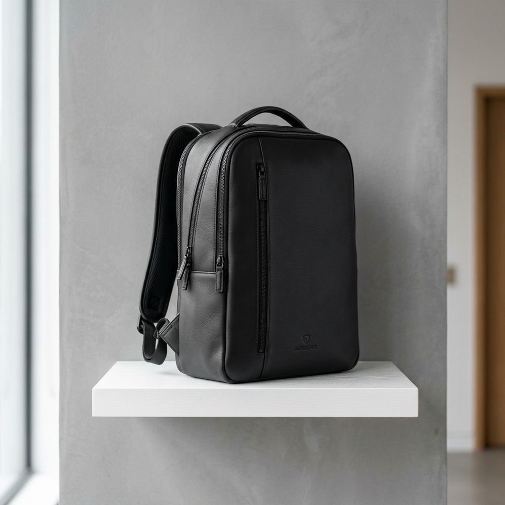 Luxury laptop backpack on floating shelf